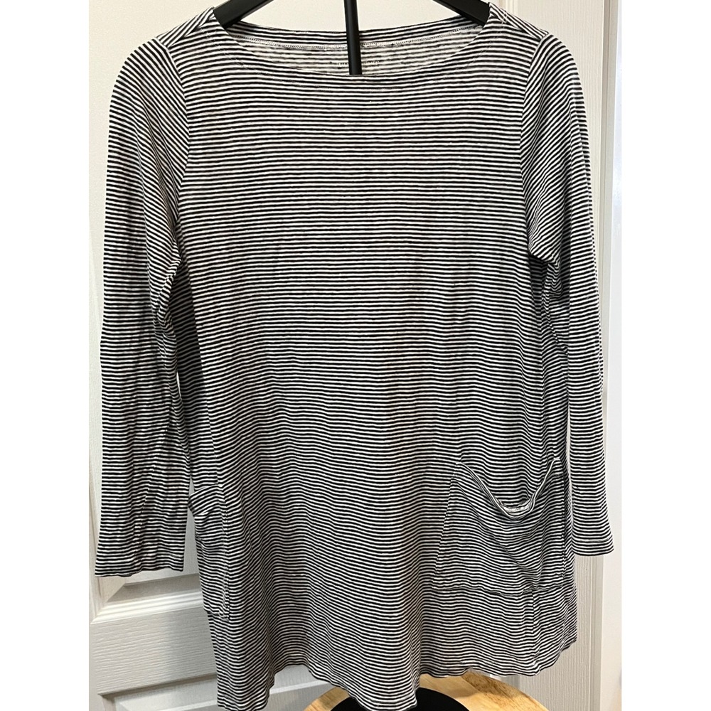 Eileen Fisher Black White Stripe Long Sleeve Tunic Top Organic‎ Linen Pockets